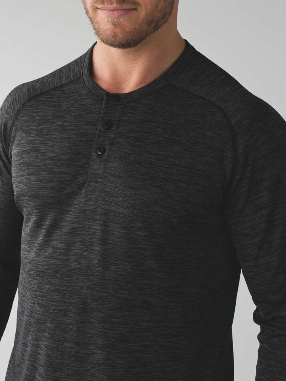 LULULEMON L Black Heather Long Sleeve Henley Tech Shirt